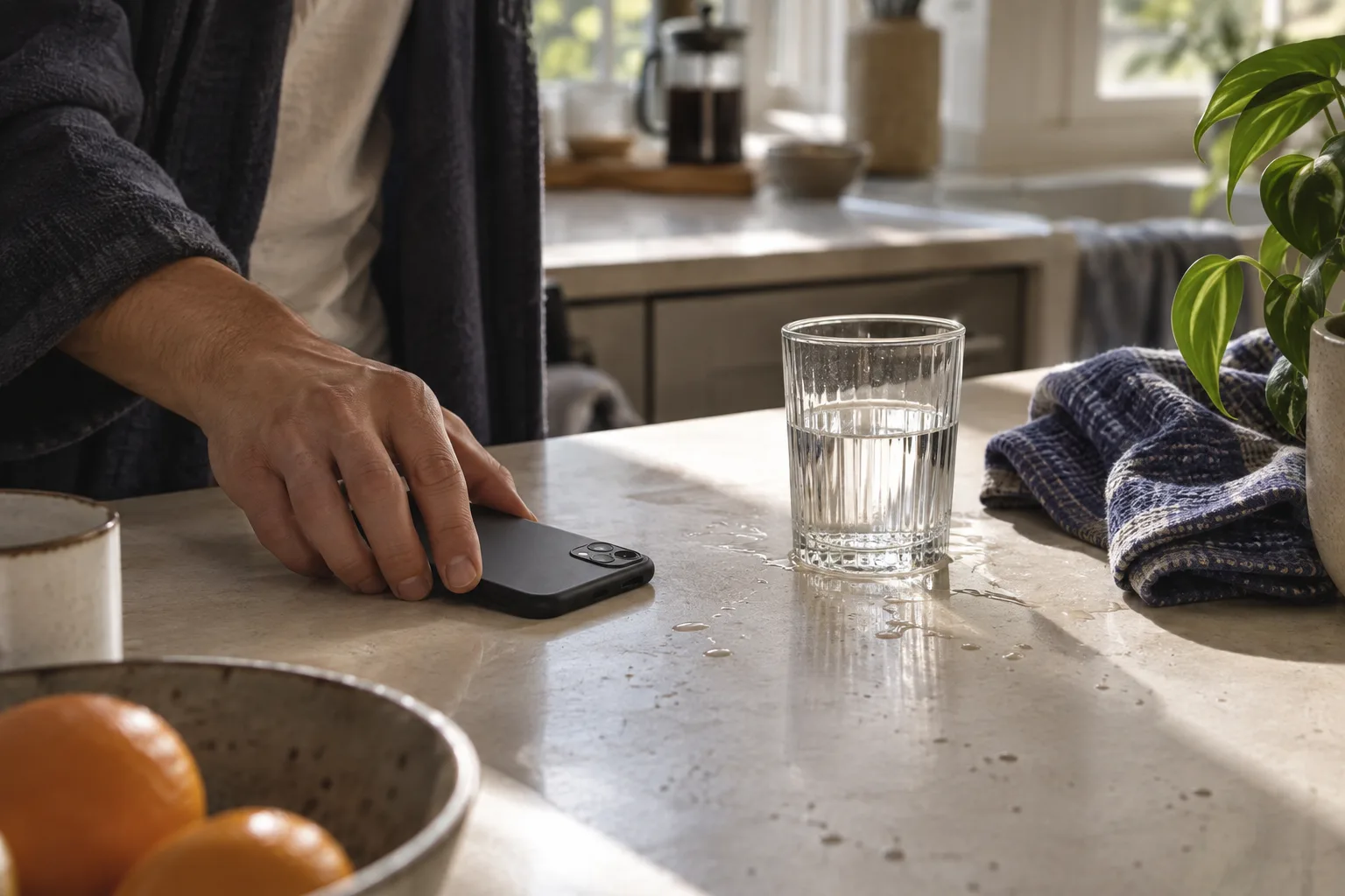 A hand setting a phone face down beside a glass of water on a kitchen counter.