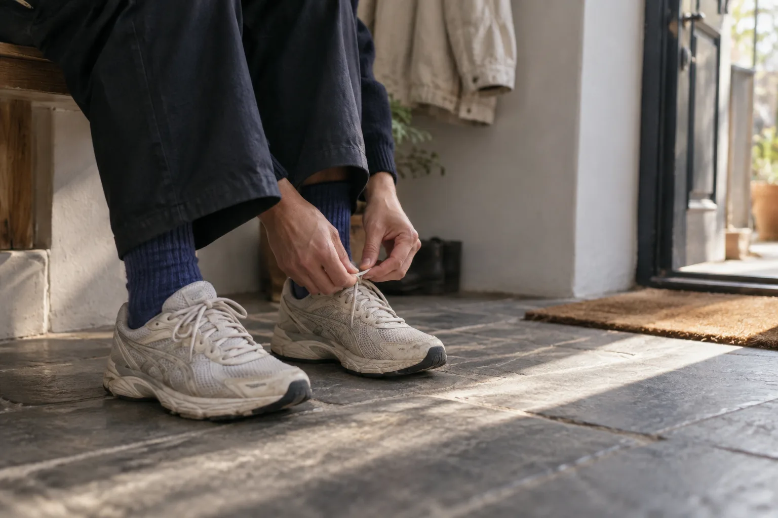 A person tying running shoes at a sunlit doorway.