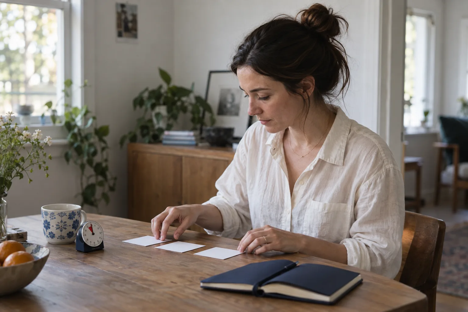 A woman arranging three cards beside a timer and indigo notebook at home.