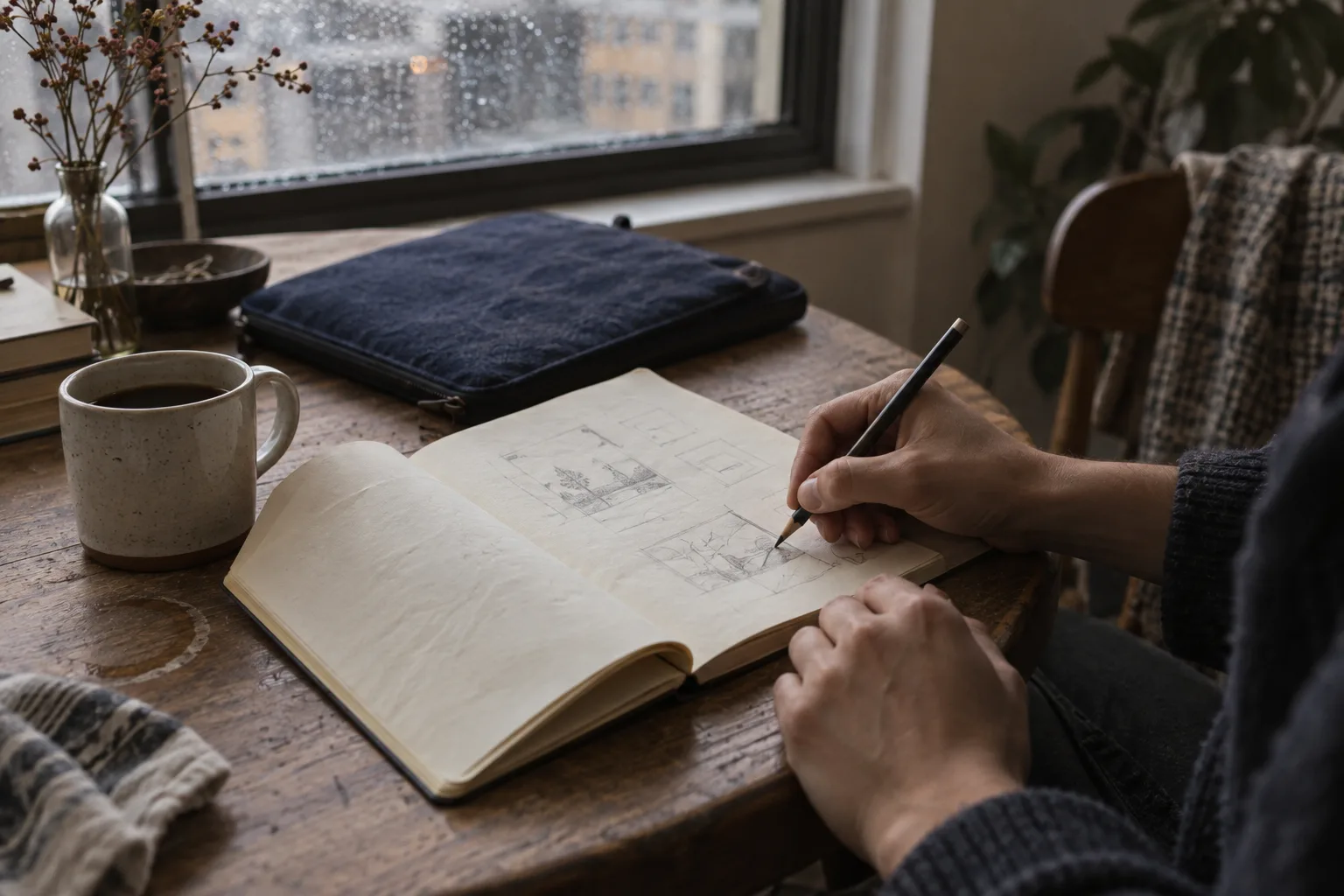 Hands sketching in a notebook beside a rainy window.