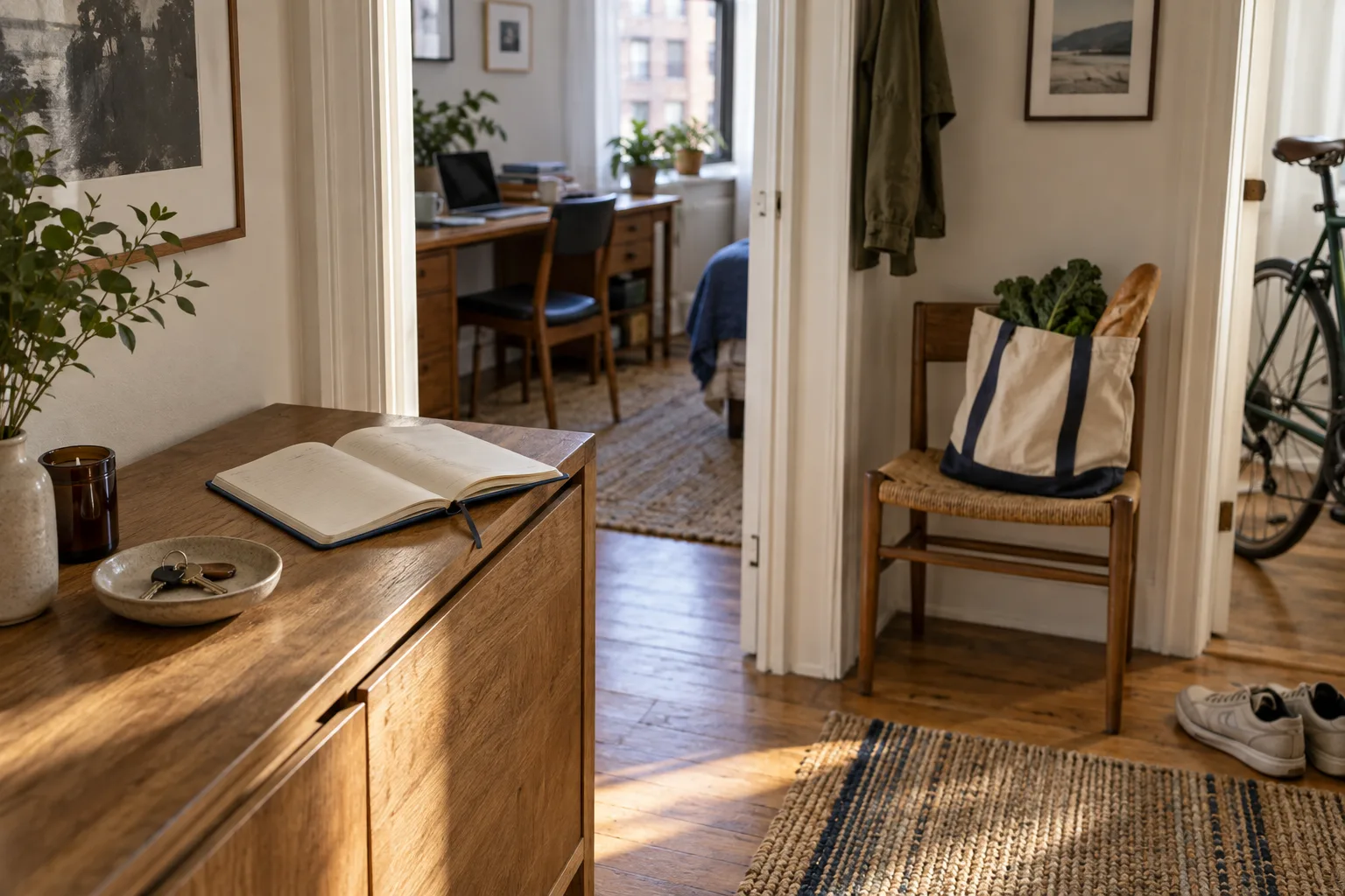 An open planner and keys in a sunny apartment, with groceries, a bicycle and a workspace nearby.