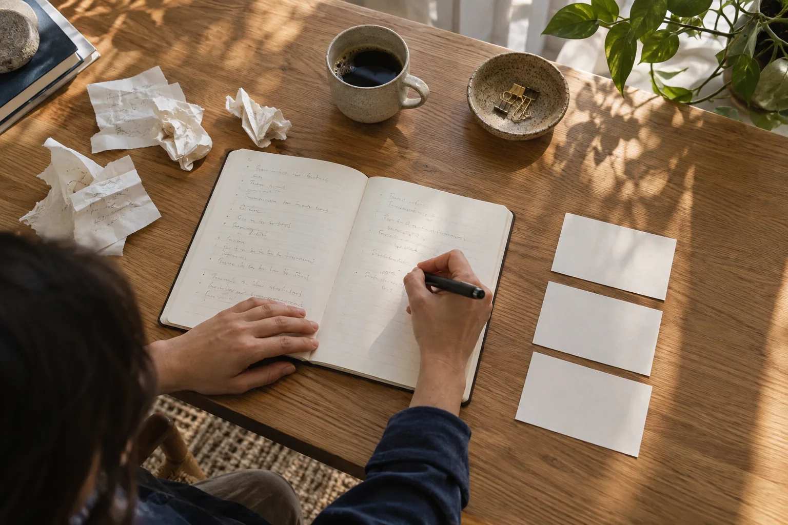 A person writing in a notebook beside loose notes and three organized cards on a sunlit desk.