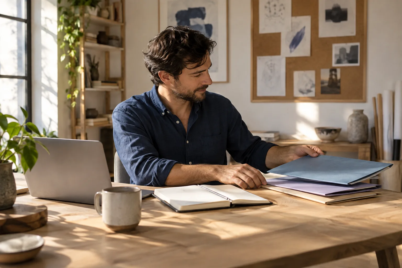 A freelancer organizing project folders beside an open planner and laptop in a sunlit home studio.