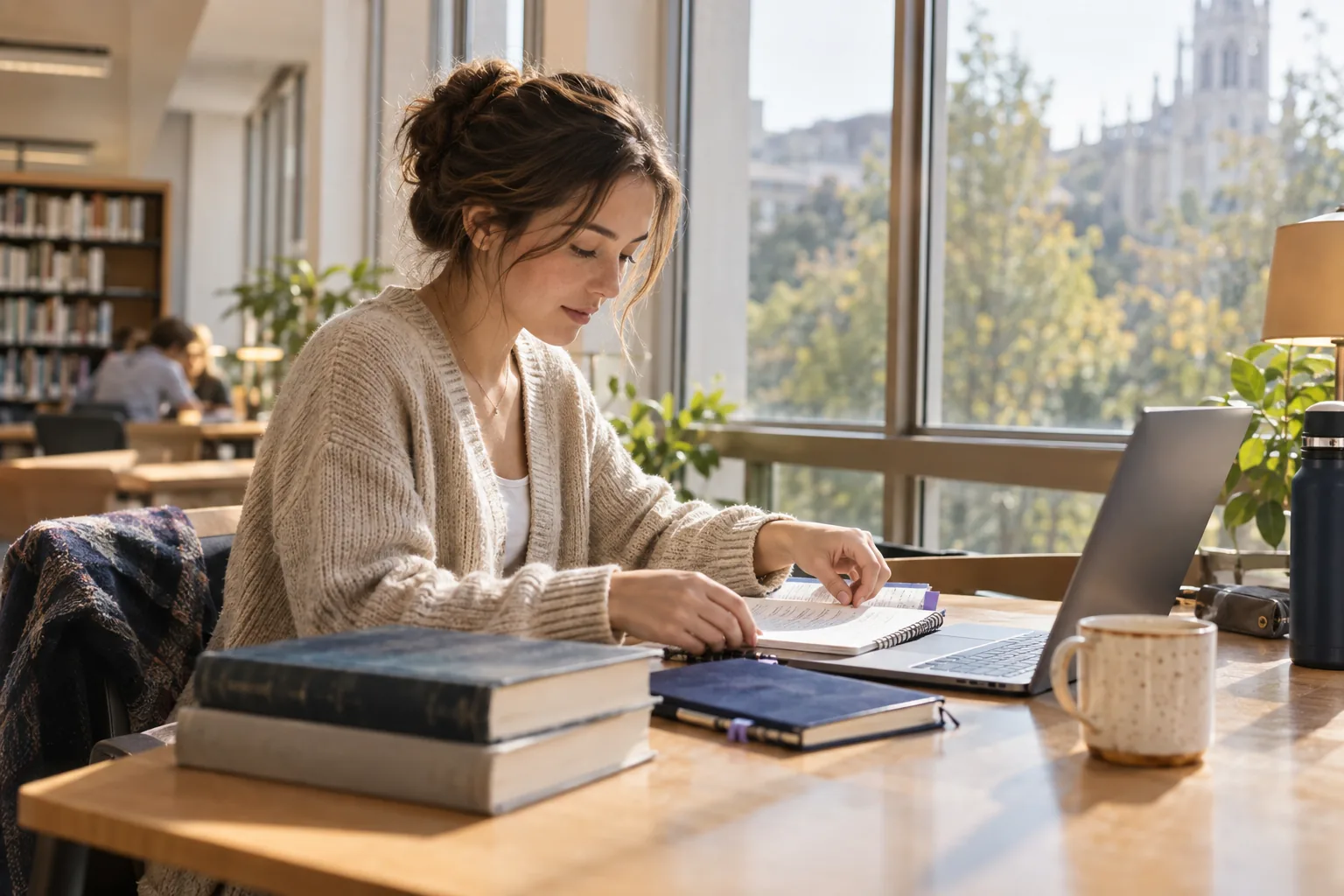 A student reviewing a study notebook beside books and a laptop at a bright library window.
